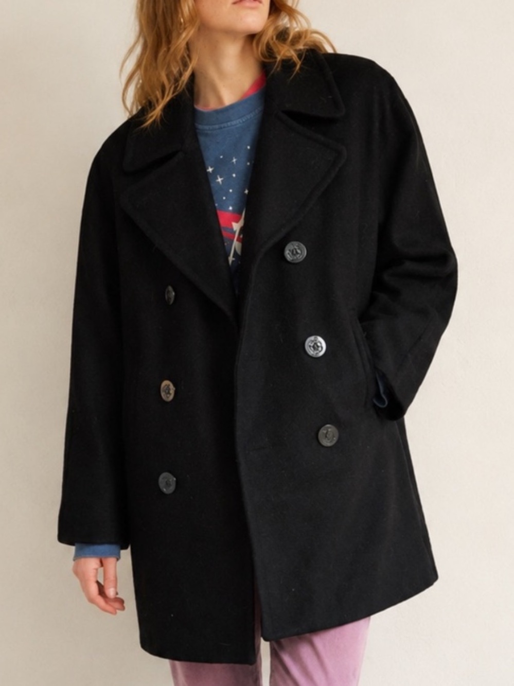 Vintage NWT Mario De Pinto Black Wool Blend Lined Anchor Buttons Pea Coat Sz 12